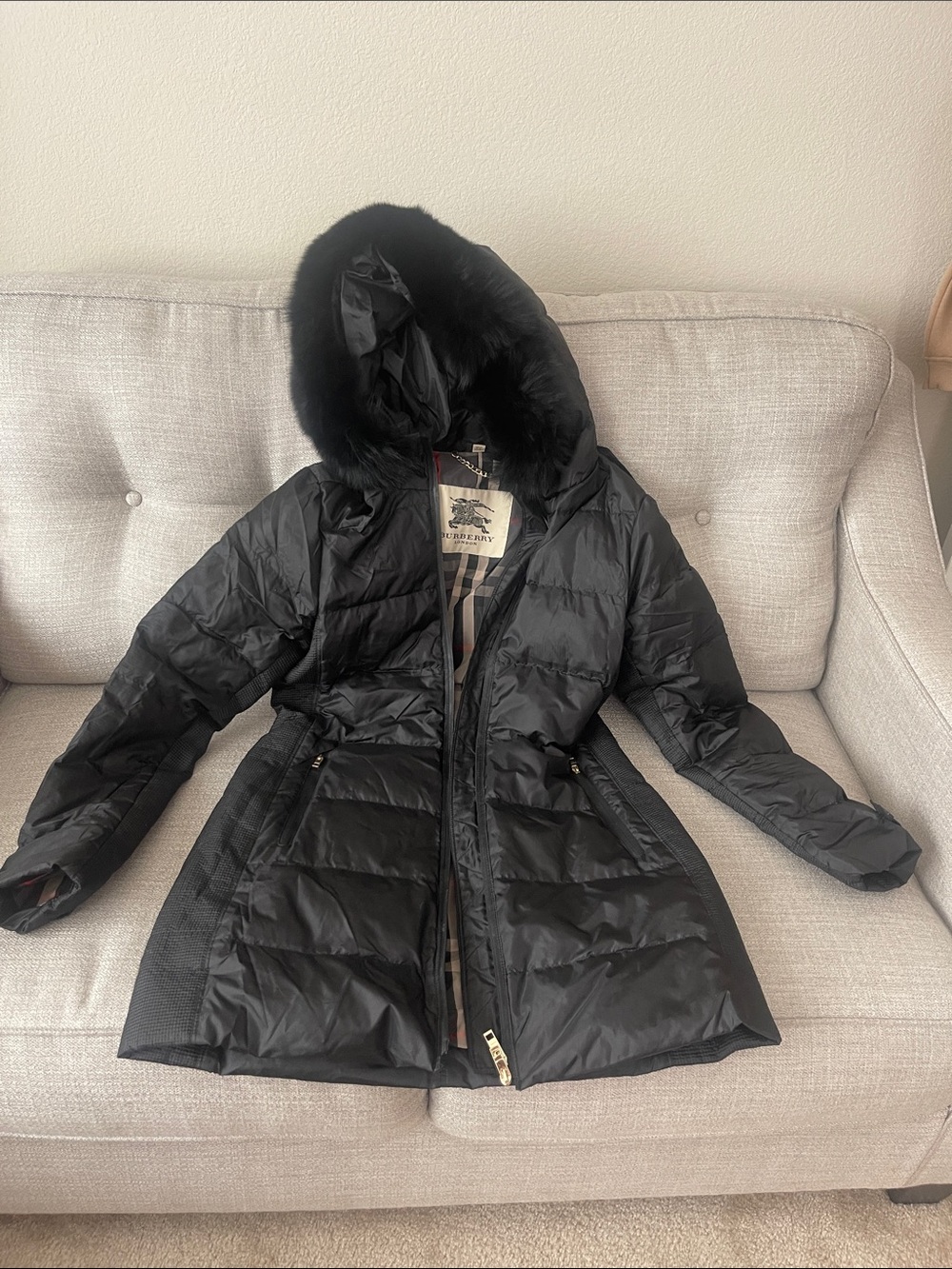 Burberry Black Quilted Hooded Puffer Coat with Fur Trim